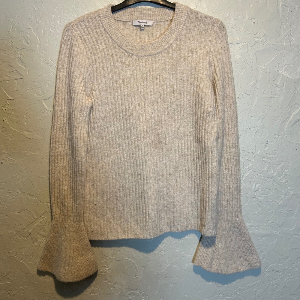 Madewell Ribbed Bell Sleeve Sweater Light Beige Crew Neck Knit Top Size S